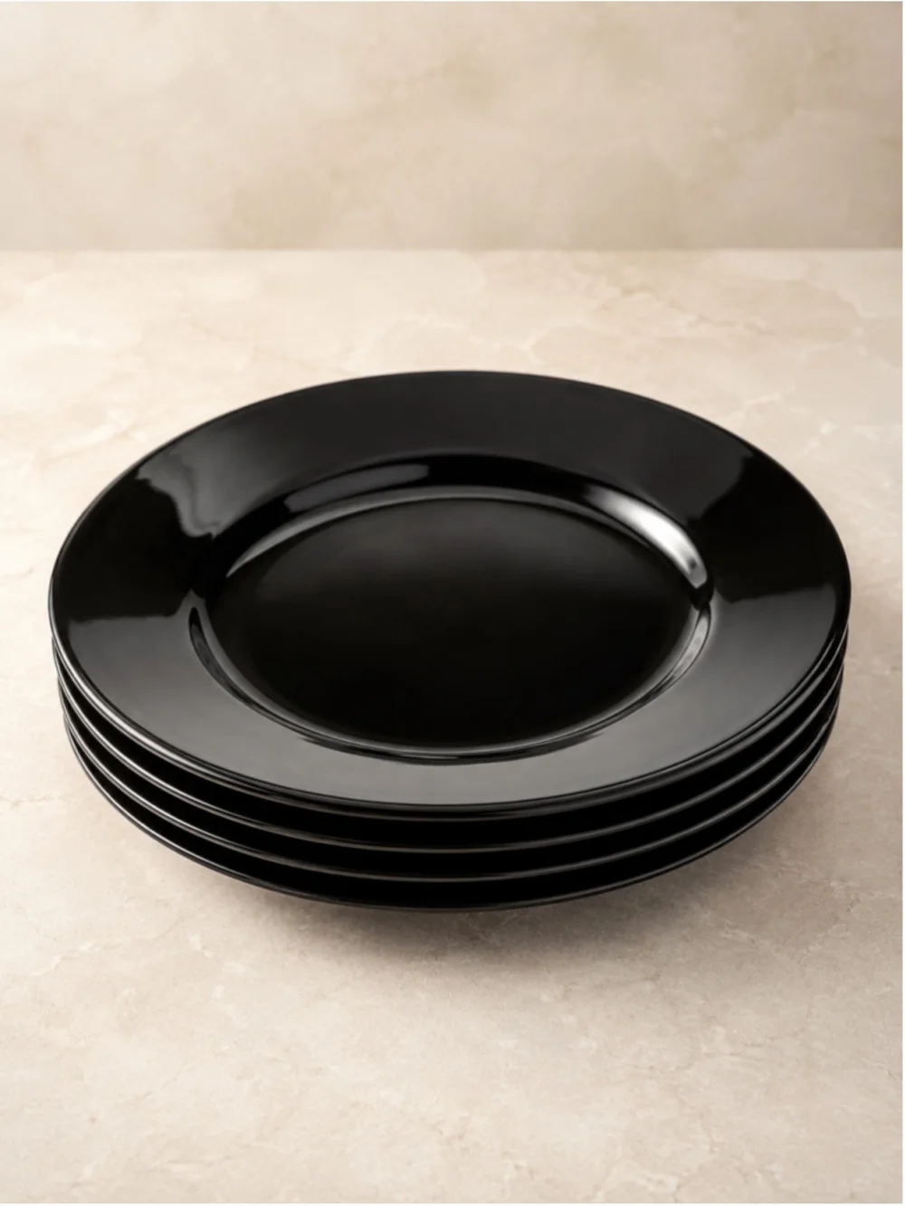 Set of 4 Solid Black 10.5” Ironstone Dinner Plates – New